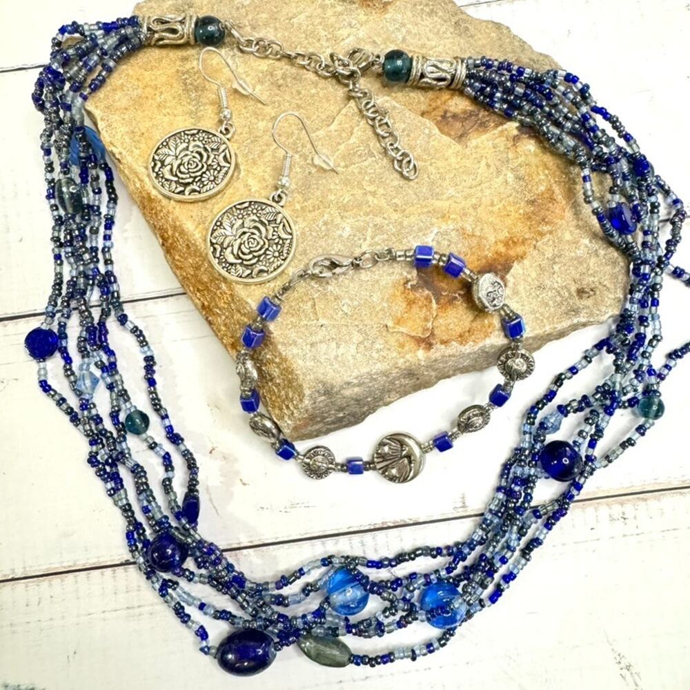 Cobalt Blue Art Glass Seed Bead Necklace Bracelet Earrings Silver Tone Set